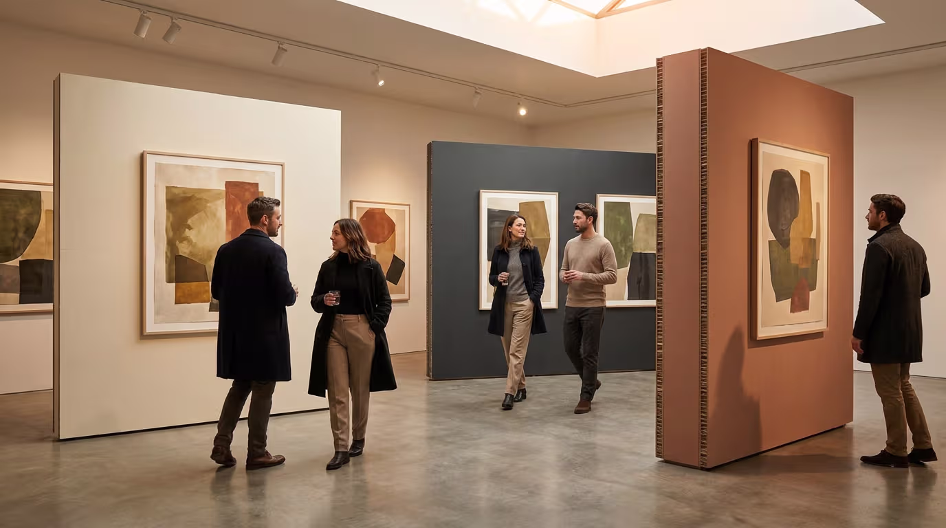 Contemporary art gallery with three Sustainable Ply partition walls in different finishes, framed abstract art and a few visitors