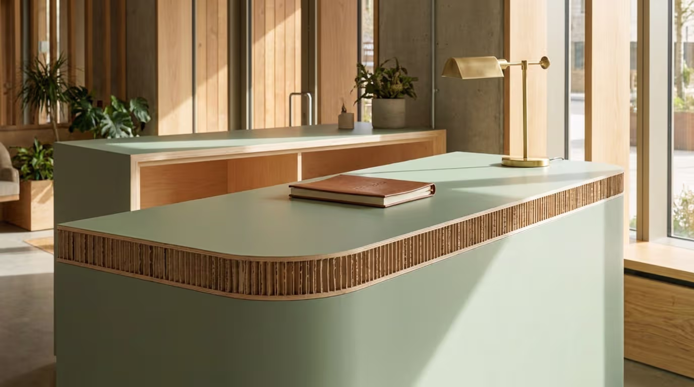 Reception desk built from Sustainable Ply panels