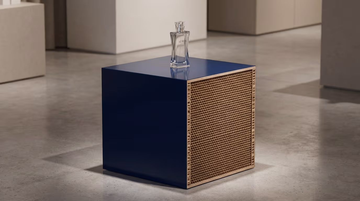 Navy-lacquered plywood plinth for a luxury perfume display, cardboard core visible down one side