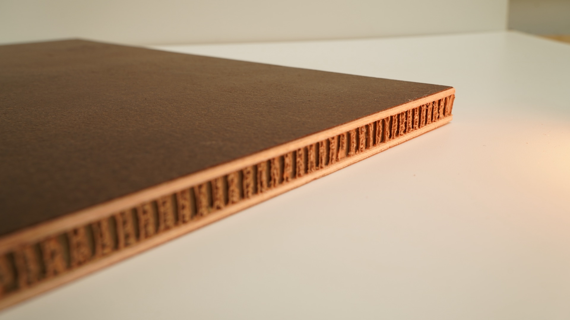 Close-up of a Sustainable Ply panel corner showing the cardboard core sandwiched between dark face and ply