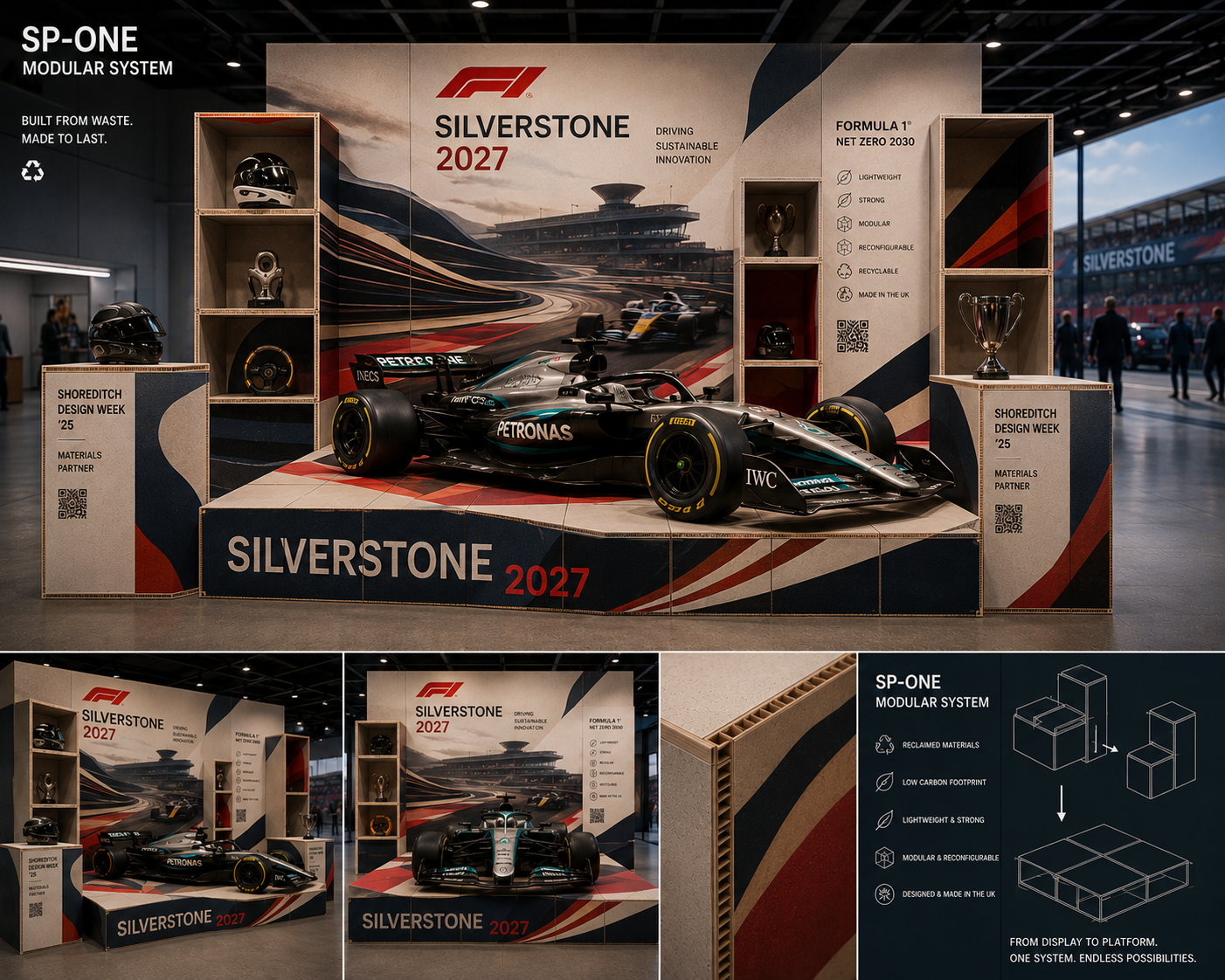 Concept render of the SP-ONE modular display system configured as a Formula 1 exhibition stand with lightweight plinths, shelving and printed display panels.