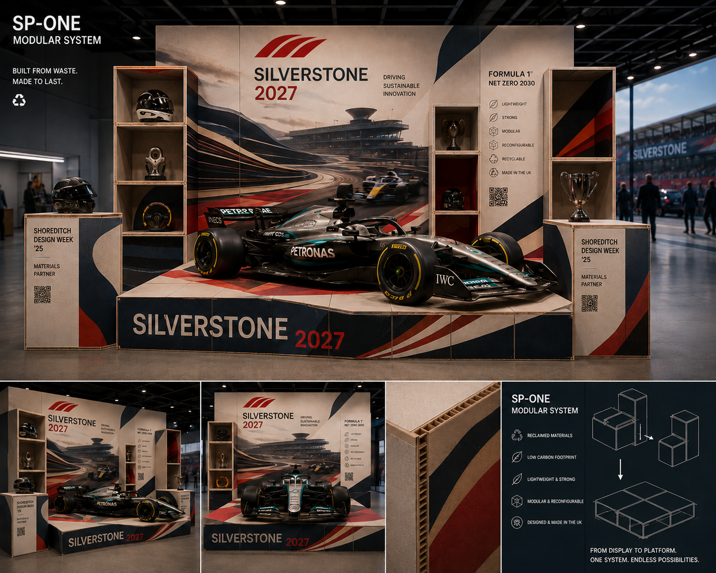 Concept render of the SP-ONE modular display system configured as an exhibition stand with lightweight plinths, shelving and printed display panels.